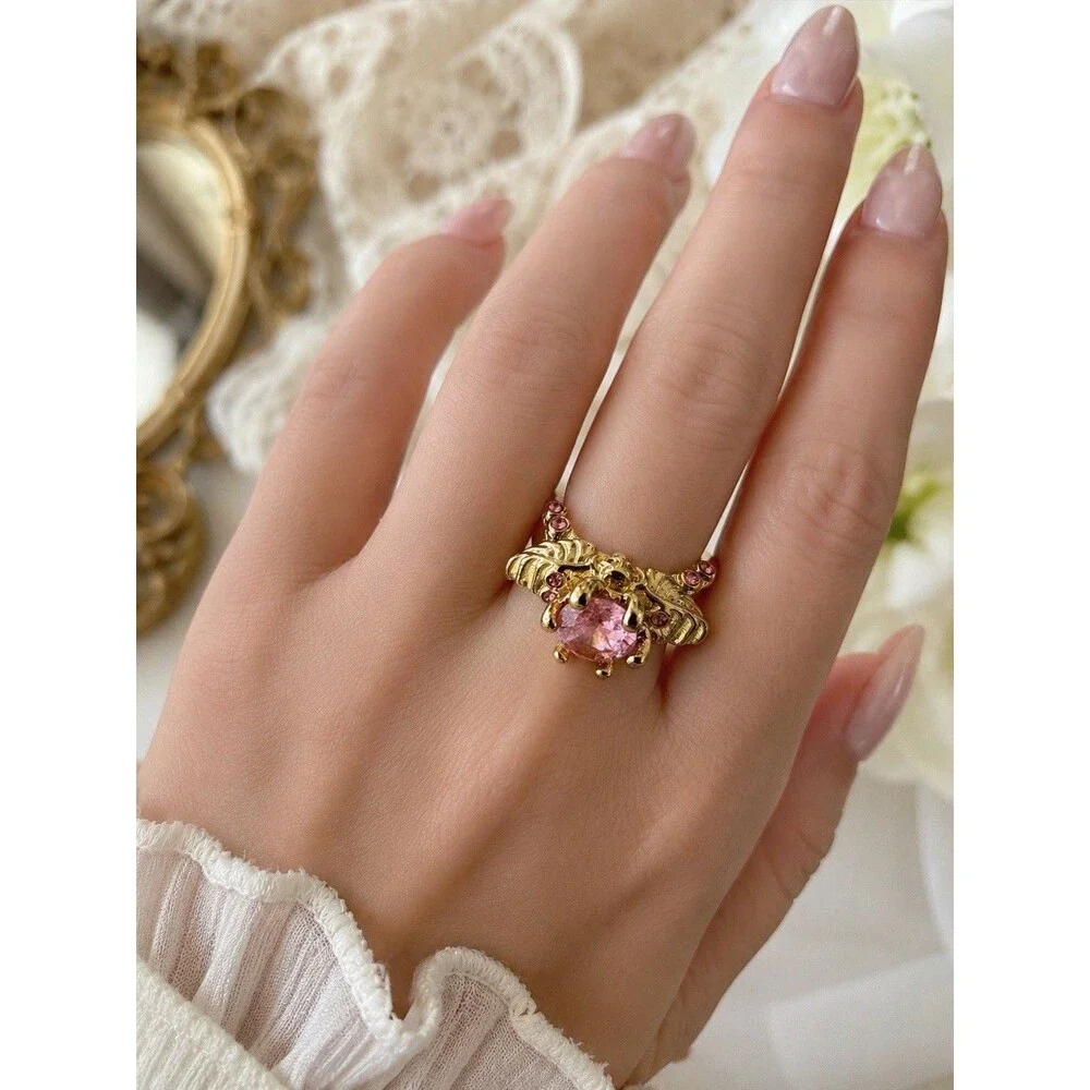 Vintage Style Pink Crystal Butterfly Fairy Skull Ring Gold Tone Statment Size 9